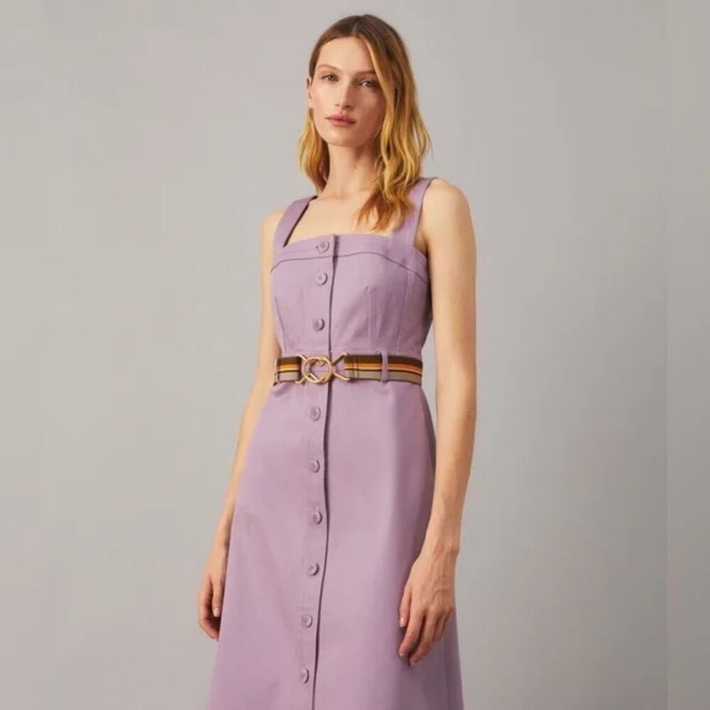 Tory Burch $498 Button Front Sundress 12 Spring Hydrangea Cotton Blend Belted - Picture 9 of 15